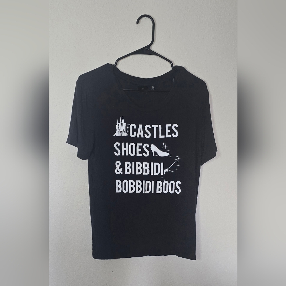 Disney Black Graphic Casual Tee Castles Shoes Bibbidi Bobbidi Boos Size S
